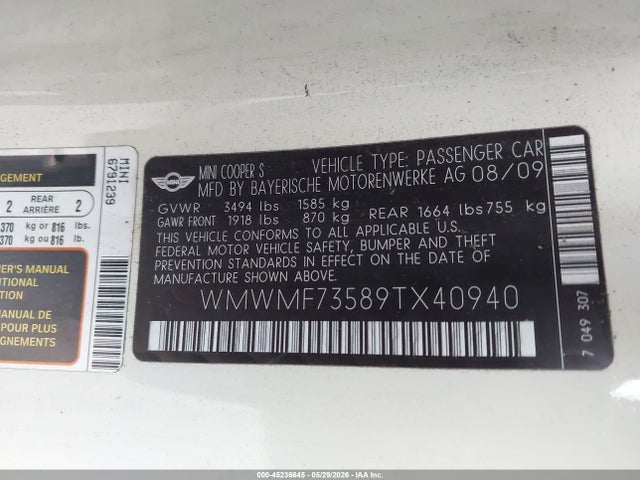 45236645 :رقم المزاد ، WMWMF73589TX40940 vin ، 2009 Mini Cooper S مزاد بيع