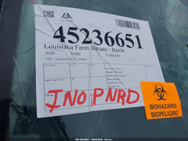 2020 Gmc Terrain Fwd Slt მანქანა იყიდება აუქციონზე, vin: 3GKALPEV5LL259815, აუქციონის ნომერი: 45236651