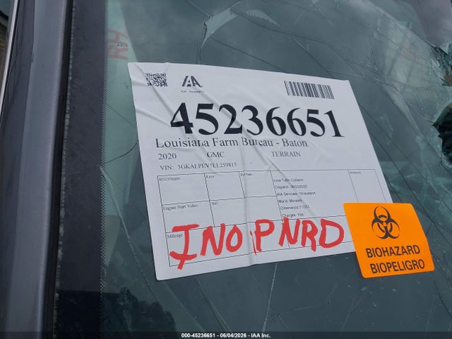 2020 Gmc Terrain Fwd Slt მანქანა იყიდება აუქციონზე, vin: 3GKALPEV5LL259815, აუქციონის ნომერი: 45236651