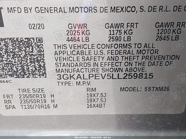 2020 Gmc Terrain Fwd Slt მანქანა იყიდება აუქციონზე, vin: 3GKALPEV5LL259815, აუქციონის ნომერი: 45236651