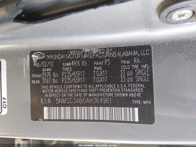 Продаж на аукціоні авто 2010 Hyundai Santa Fe Gls, vin: 5NMSG3AB0AH364961, номер лоту: 45236652