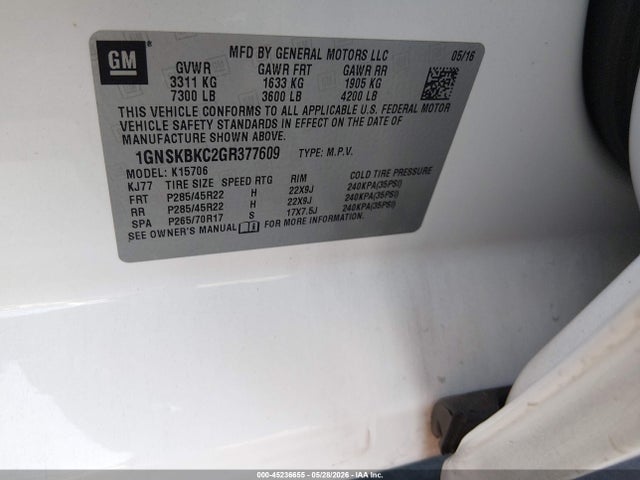Aukcja sprzedaży 2016 Chevrolet Tahoe Lt, vin: 1GNSKBKC2GR377609, numer aukcji: 45236655