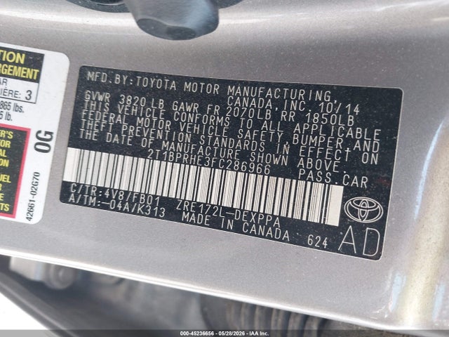 Toyota Corolla Le Eco Plus 2015 2T1BPRHE3FC286966 Image 9
