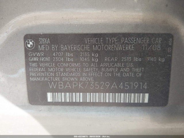 Продажа на аукционе авто 2009 Bmw 328i Xdrive, vin: WBAPK73529A451914, номер лота: 45236678