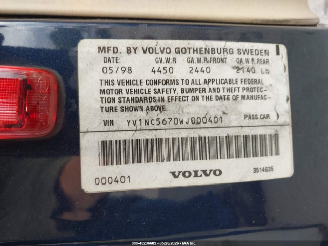 Auction sale of the 1998 Volvo C70 Cva, vin: YV1NC5670WJ000401, lot number: 45236682
