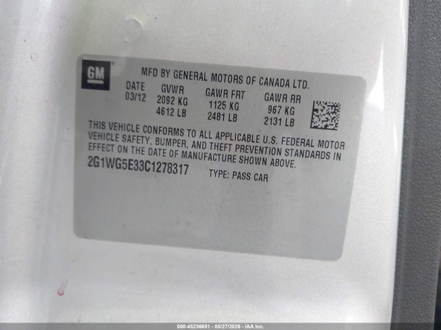 Aukcja sprzedaży 2012 Chevrolet Impala Lt, vin: 2G1WG5E33C1278317, numer aukcji: 45236691