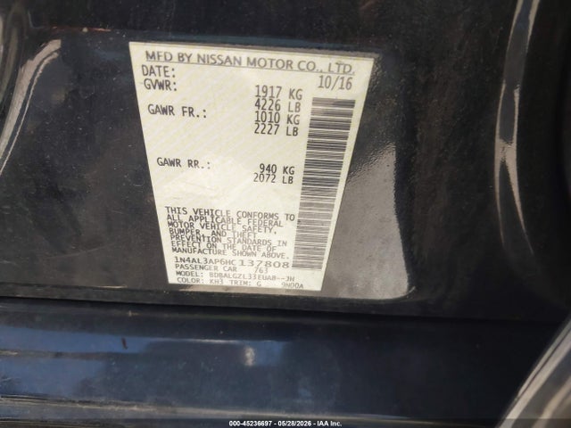 2017 Nissan Altima 2.5 S მანქანა იყიდება აუქციონზე, vin: 1N4AL3AP6HC137808, აუქციონის ნომერი: 45236697