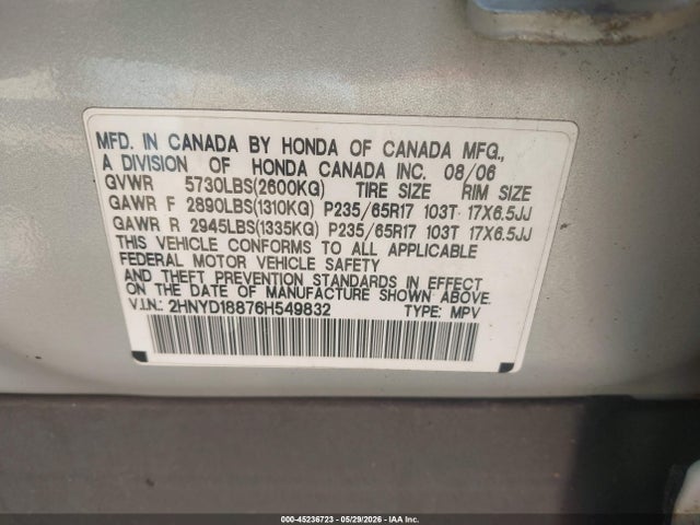 Продаж на аукціоні авто 2006 Acura Mdx, vin: 2HNYD18876H549832, номер лоту: 45236723