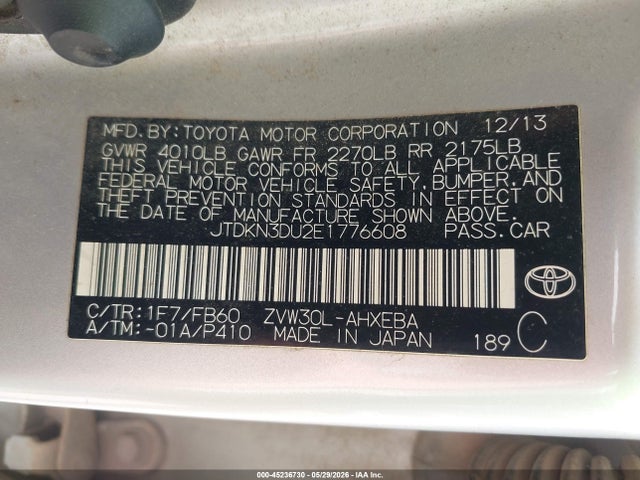 Aukcja sprzedaży 2014 Toyota Prius Two, vin: JTDKN3DU2E1776608, numer aukcji: 45236730