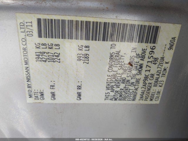 2011 Nissan Altima 2.5 მანქანა იყიდება აუქციონზე, vin: 1N4AL2AP9BC171596, აუქციონის ნომერი: 45236732