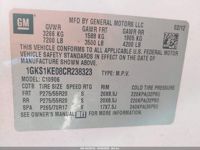 Продажа на аукционе авто 2012 Gmc Yukon Xl 1500 Slt, vin: 1GKS1KE08CR238323, номер лота: 45236742