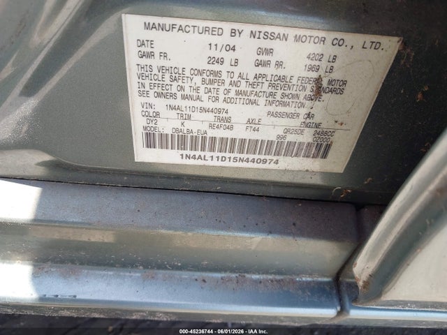 Aukcja sprzedaży 2005 Nissan Altima 2.5 S, vin: 1N4AL11D15N440974, numer aukcji: 45236744