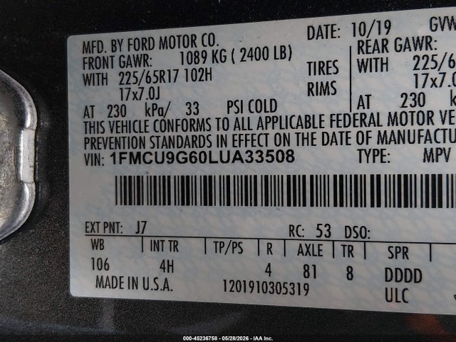Aukcja sprzedaży 2020 Ford Escape Se, vin: 1FMCU9G60LUA33508, numer aukcji: 45236758