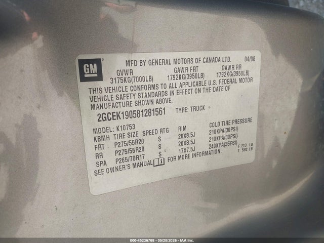 Aukcja sprzedaży 2008 Chevrolet Silverado 1500 Lt1, vin: 2GCEK190581281561, numer aukcji: 45236768