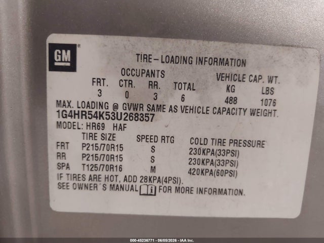 45236771 :رقم المزاد ، 1G4HR54K53U268357 vin ، 2003 Buick Lesabre Limited مزاد بيع