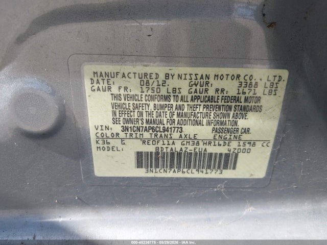 Продажа на аукционе авто 2012 Nissan Versa 1.6 S, vin: 3N1CN7AP6CL941773, номер лота: 45236775