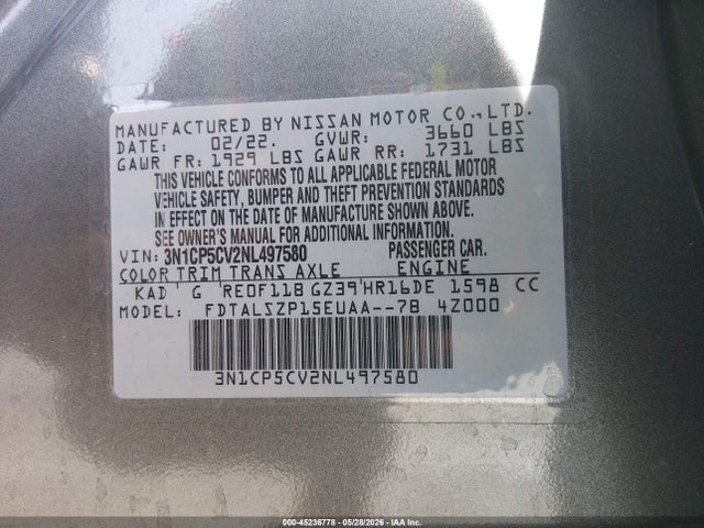 3N1CP5CV2NL497580 Nissan Kicks Sv Xtronic Cvt