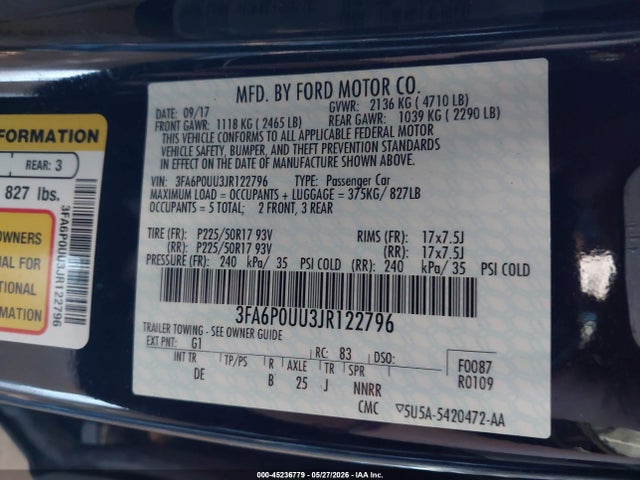 Aukcja sprzedaży 2018 Ford Fusion Hybrid S, vin: 3FA6P0UU3JR122796, numer aukcji: 45236779