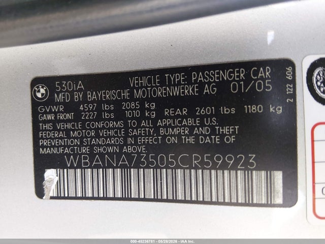 2005 Bmw 530i მანქანა იყიდება აუქციონზე, vin: WBANA73505CR59923, აუქციონის ნომერი: 45236781