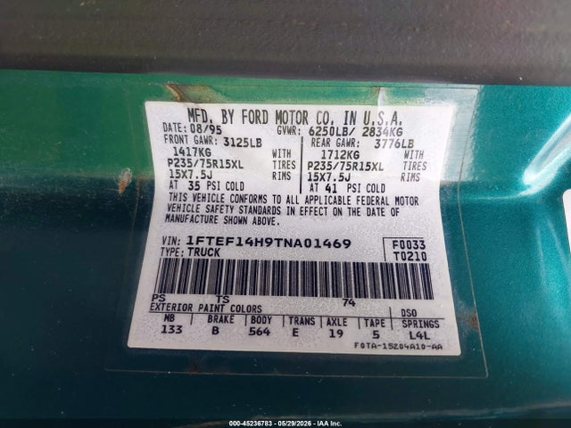 Aukcja sprzedaży 1996 Ford F150, vin: 1FTEF14H9TNA01469, numer aukcji: 45236783