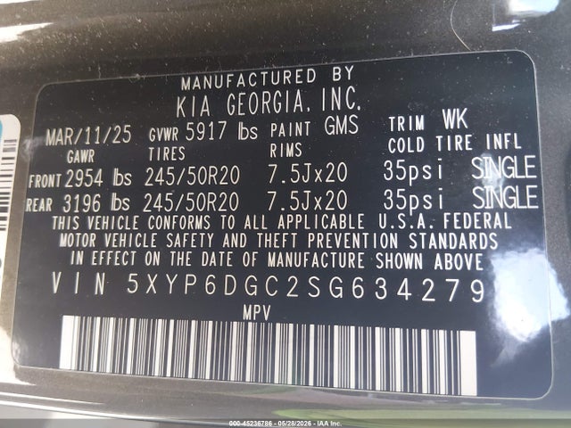 2025 Kia Telluride S მანქანა იყიდება აუქციონზე, vin: 5XYP6DGC2SG634279, აუქციონის ნომერი: 45236786