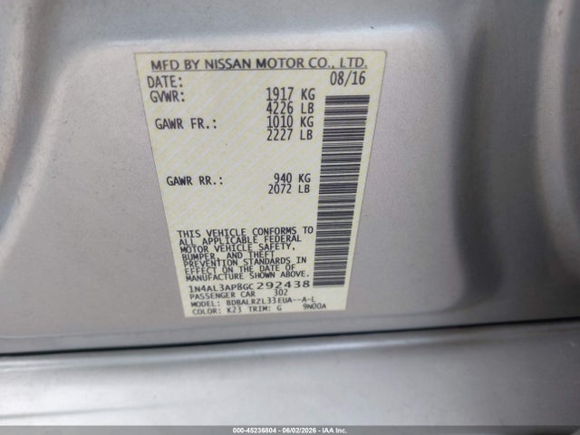 Aukcja sprzedaży 2016 Nissan Altima 2.5 Sl, vin: 1N4AL3AP8GC292438, numer aukcji: 45236804