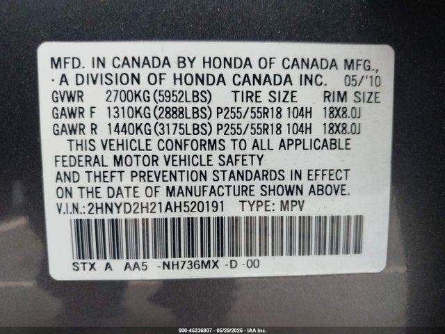 Aukcja sprzedaży 2010 Acura Mdx, vin: 2HNYD2H21AH520191, numer aukcji: 45236807