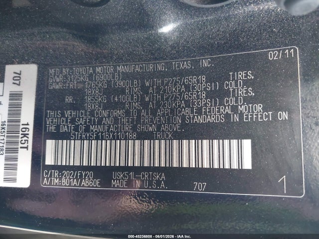 Продажа на аукционе авто 2011 Toyota Tundra Grade 5.7l V8, vin: 5TFRY5F11BX110188, номер лота: 45236808