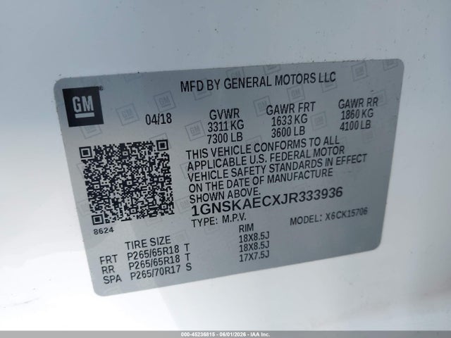 Aukcja sprzedaży 2018 Chevrolet Tahoe Ls, vin: 1GNSKAECXJR333936, numer aukcji: 45236815