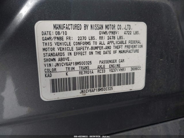 Продажа на аукционе авто 2011 Infiniti G37 Journey, vin: JN1CV6AP1BM500325, номер лота: 45236833