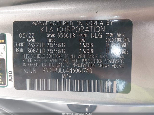 Aukcja sprzedaży 2022 Kia Ev6 Wind, vin: KNDC3DLC4N5061749, numer aukcji: 45236872