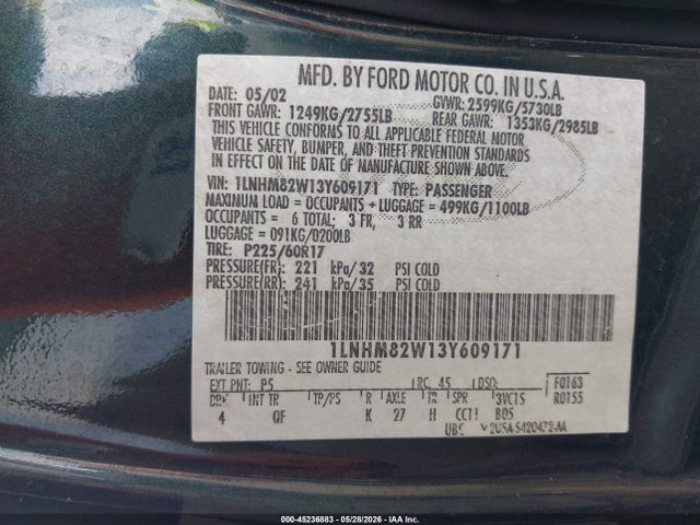 2003 Lincoln Town Car Signature მანქანა იყიდება აუქციონზე, vin: 1LNHM82W13Y609171, აუქციონის ნომერი: 45236883