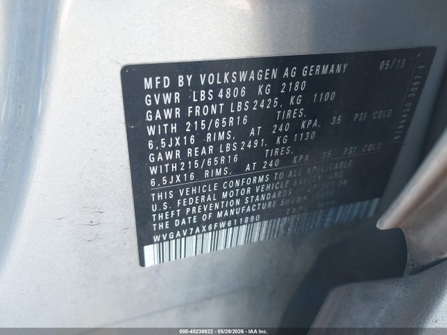 Aukcja sprzedaży 2015 Volkswagen Tiguan S, vin: WVGAV7AX6FW611890, numer aukcji: 45236922