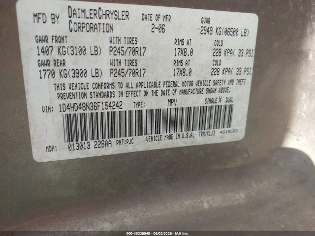 Aukcja sprzedaży 2006 Dodge Durango Slt, vin: 1D4HD48N36F154242, numer aukcji: 45236949
