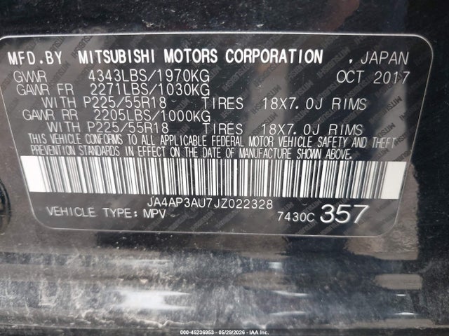 2018 Mitsubishi Outlander Sport 2.0 Le მანქანა იყიდება აუქციონზე, vin: JA4AP3AU7JZ022328, აუქციონის ნომერი: 45236953