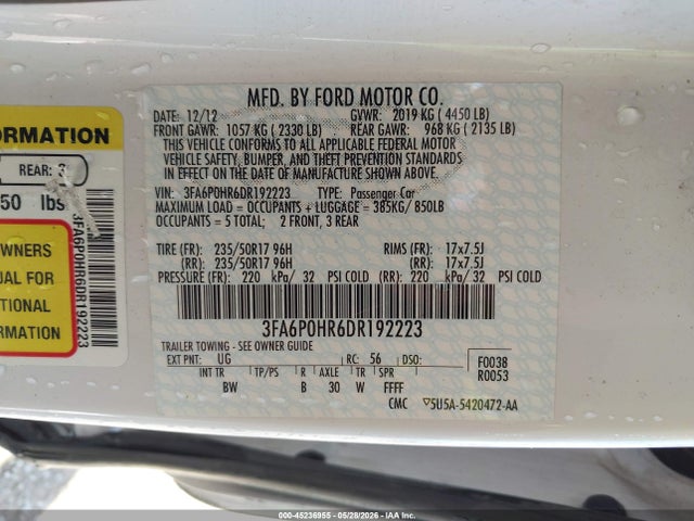 45236955 :رقم المزاد ، 3FA6P0HR6DR192223 vin ، 2013 Ford Fusion Se مزاد بيع