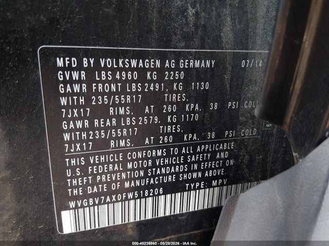 Aukcja sprzedaży 2015 Volkswagen Tiguan Se, vin: WVGBV7AX0FW518206, numer aukcji: 45236960