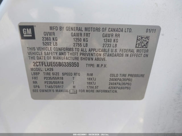 45236961 :رقم المزاد ، 2CTFLUE55B6339350 vin ، 2011 Gmc Terrain Slt-1 مزاد بيع