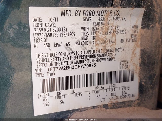 2012 Ford F-250 Lariat მანქანა იყიდება აუქციონზე, vin: 1FT7W2B63CEA79875, აუქციონის ნომერი: 45236974