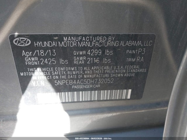 Aukcja sprzedaży 2013 Hyundai Sonata Gls, vin: 5NPEB4AC5DH732052, numer aukcji: 45236994