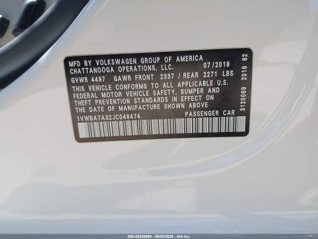 45236995 :رقم المزاد ، 1VWBA7A32JC048474 vin ، 2018 Volkswagen Passat 2.0t Se مزاد بيع