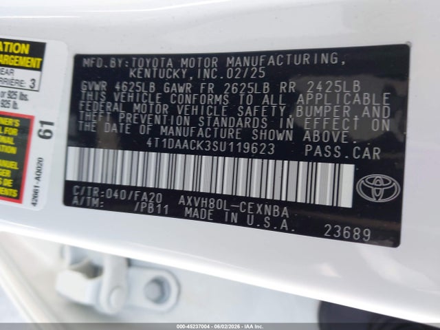 2025 Toyota Camry Le მანქანა იყიდება აუქციონზე, vin: 4T1DAACK3SU119623, აუქციონის ნომერი: 45237004