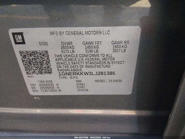 2020 Chevrolet Traverse Fwd Premier მანქანა იყიდება აუქციონზე, vin: 1GNERKKW3LJ281385, აუქციონის ნომერი: 45237009
