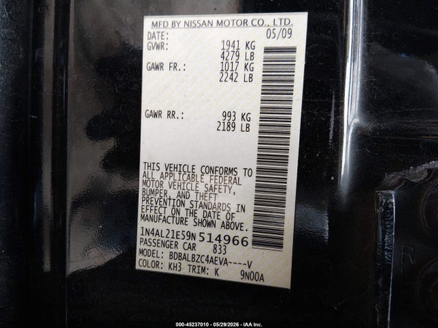 45237010 :رقم المزاد ، 1N4AL21E59N514966 vin ، 2009 Nissan Altima 2.5 S مزاد بيع