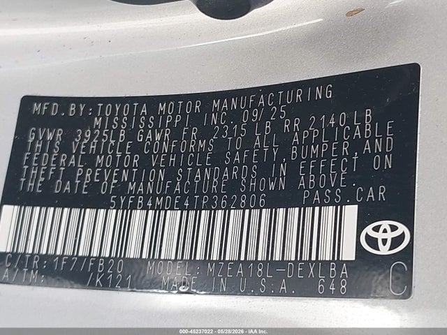 45237022 :رقم المزاد ، 5YFB4MDE4TP362806 vin ، 2026 Toyota Corolla Le مزاد بيع