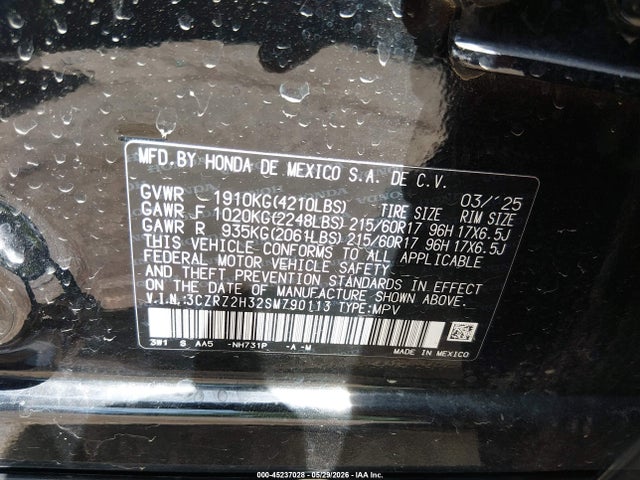 45237028 :رقم المزاد ، 3CZRZ2H32SM790113 vin ، 2025 Honda Hr-v Awd Lx مزاد بيع