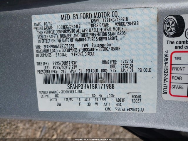 Aukcja sprzedaży 2011 Ford Fusion Se, vin: 3FAHP0HA1BR171988, numer aukcji: 45237053