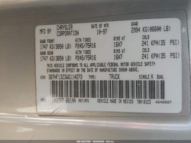 45237067 :رقم المزاد ، 3B7HF13Z3WG114273 vin ، 1998 Dodge Ram 1500 St مزاد بيع