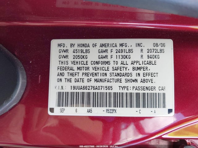 Продажа на аукционе авто 2006 Acura Tl, vin: 19UUA66276A071565, номер лота: 45237068