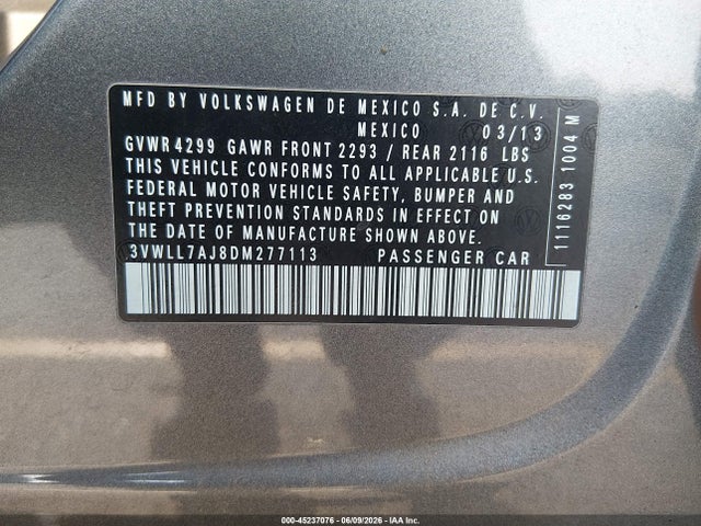 Aukcja sprzedaży 2013 Volkswagen Jetta 2.0l Tdi, vin: 3VWLL7AJ8DM277113, numer aukcji: 45237076